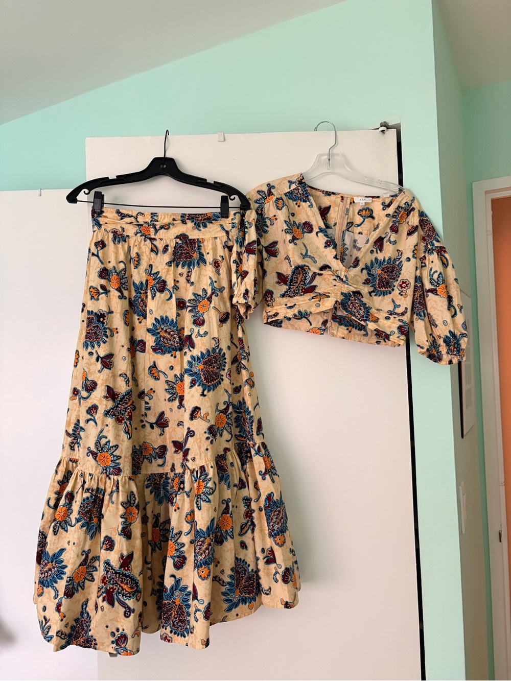 A.L.C. Cream Floral Tiered Midi Skirt Set with Blue & Orange Print